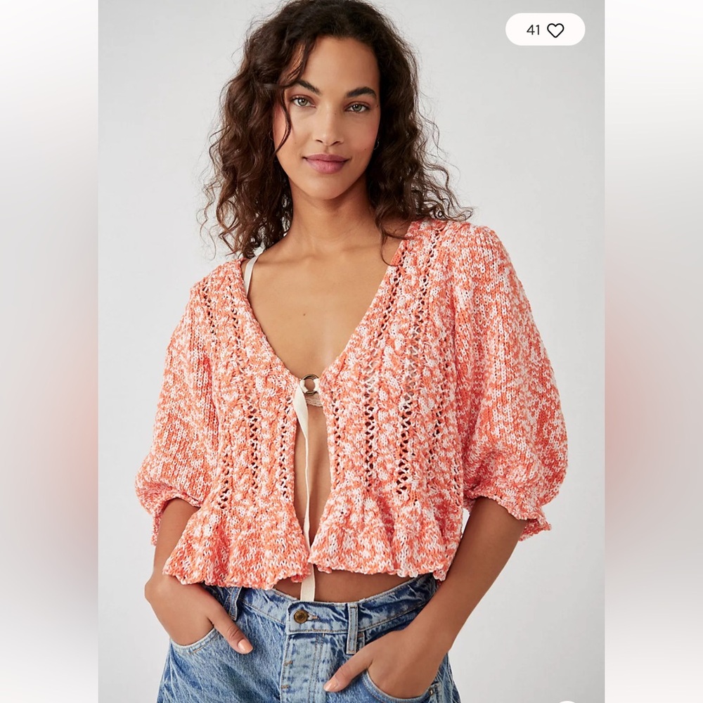 Free People Yesterday V Neck Crochet Cardigan With Peplum Detail.  Size M